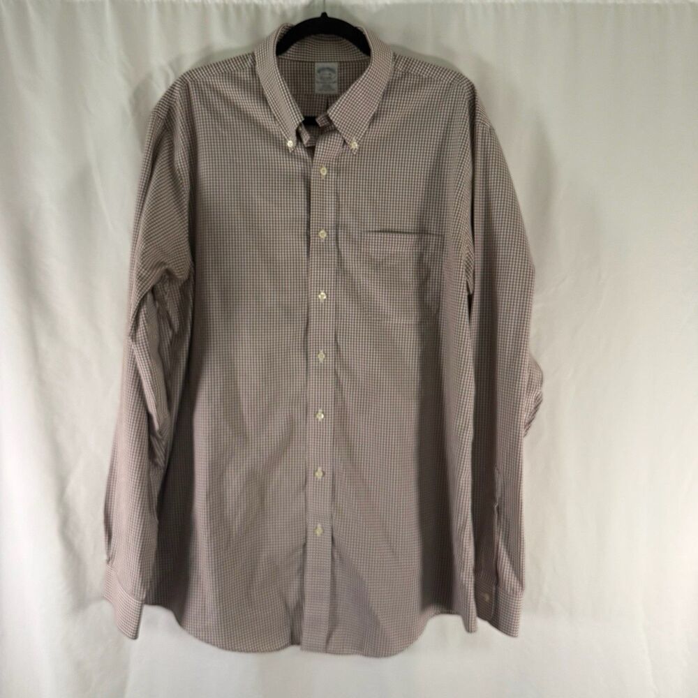 Brooks Brothers Dress Shirt Mens 17.5 38 White Brown Plaid Button Up Long Sleeve